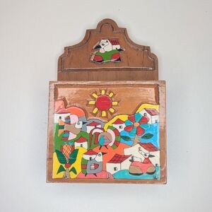 Vintage La Palma El Salvador Hand Painted Folk Mosaic Wood Letter Box Key Hook
